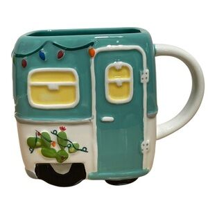 Tag Retro RV Trailer Christmas Decorated Rectangle Turquois Ceramic Mug Planter